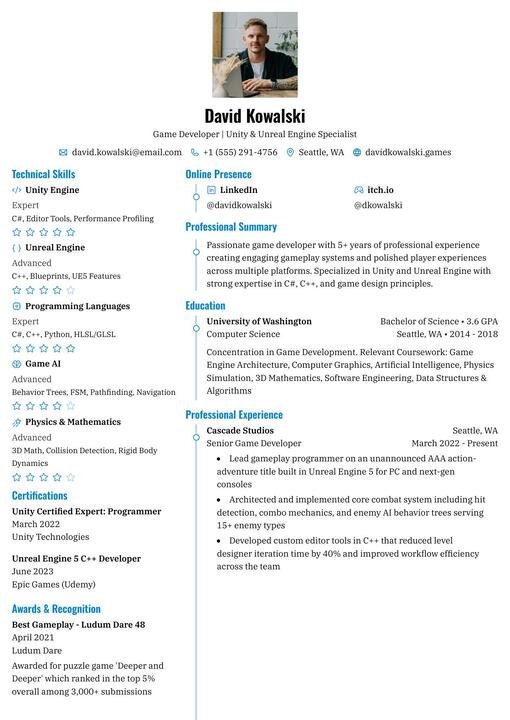 A professional two-column resume template available in QuickResume